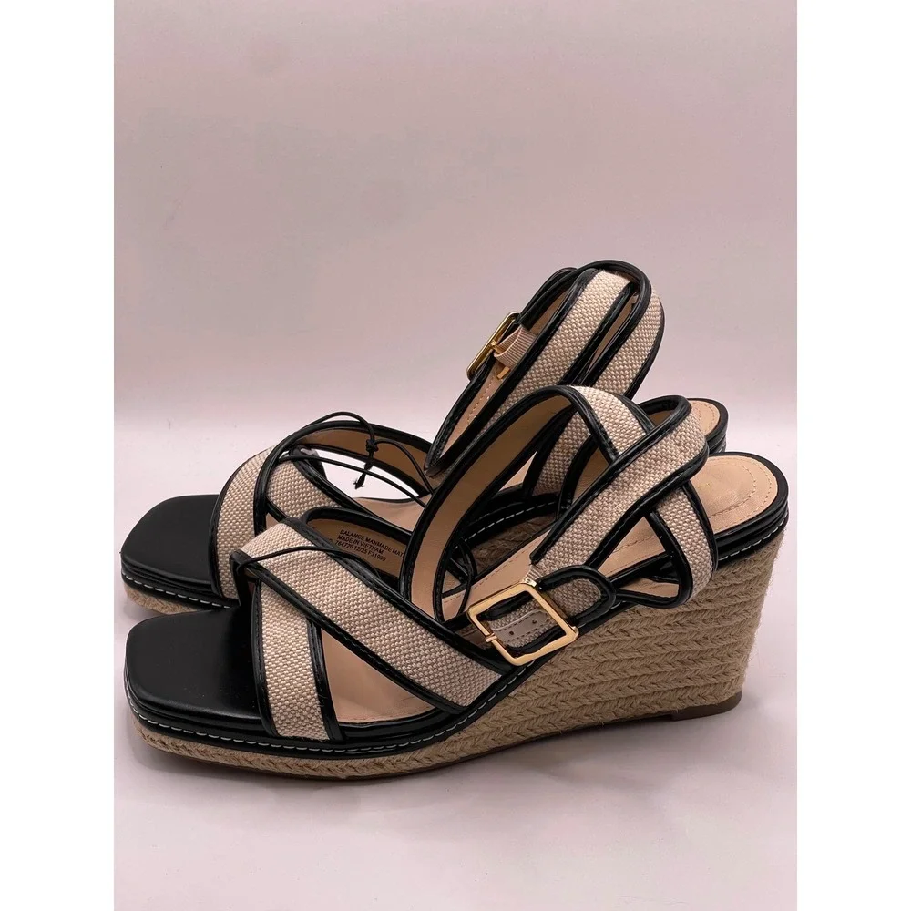 Liz Claiborne Middle Black Multi Espadrille Wedge Sandals Womens 10W Square Toe